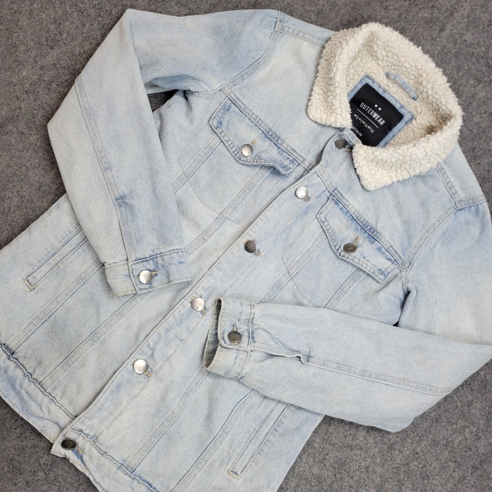 Cotton On Jean Jacket Womens 2 Blue Denim Sherpa Lined Collared Cute Biker Chick